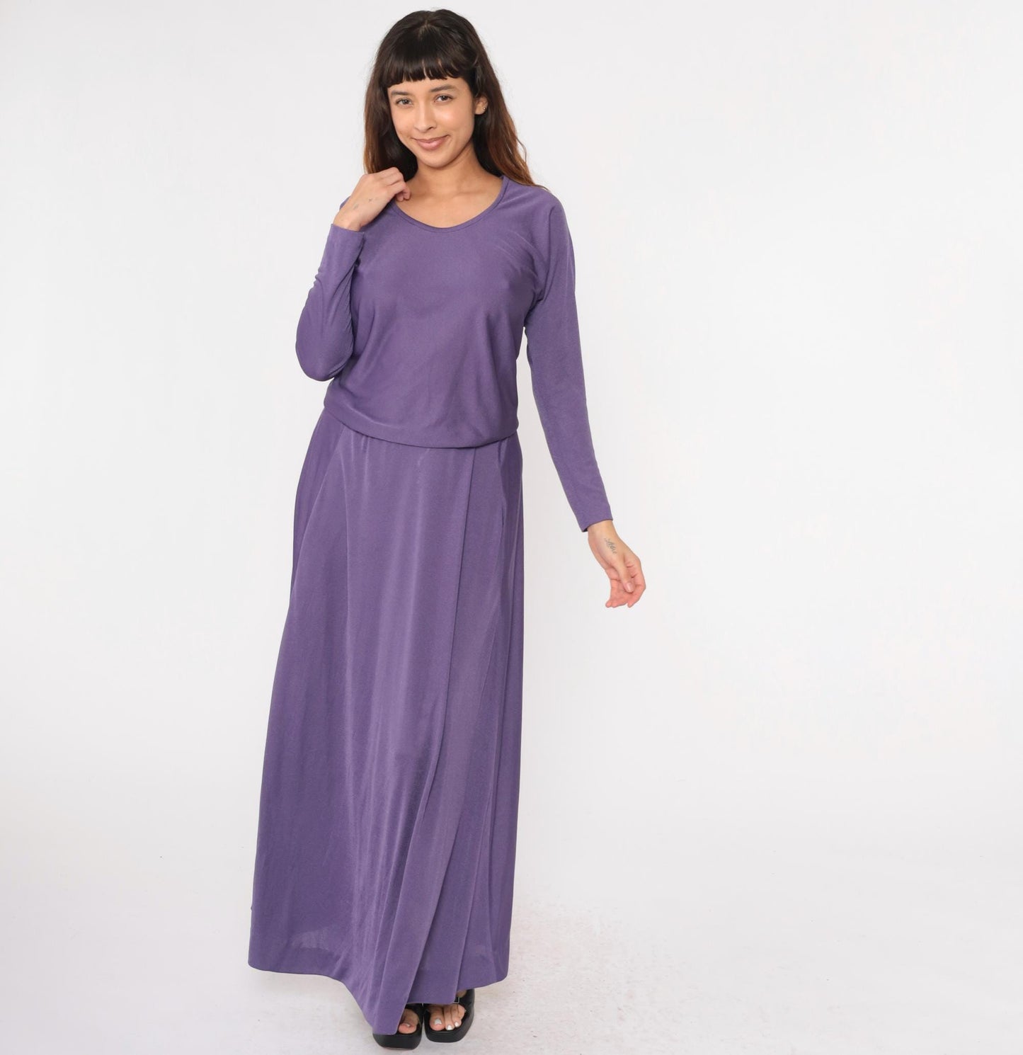 1970s Purple Maxi Dress Blouson High Waist Scoop Neck Long Sleeve Medium