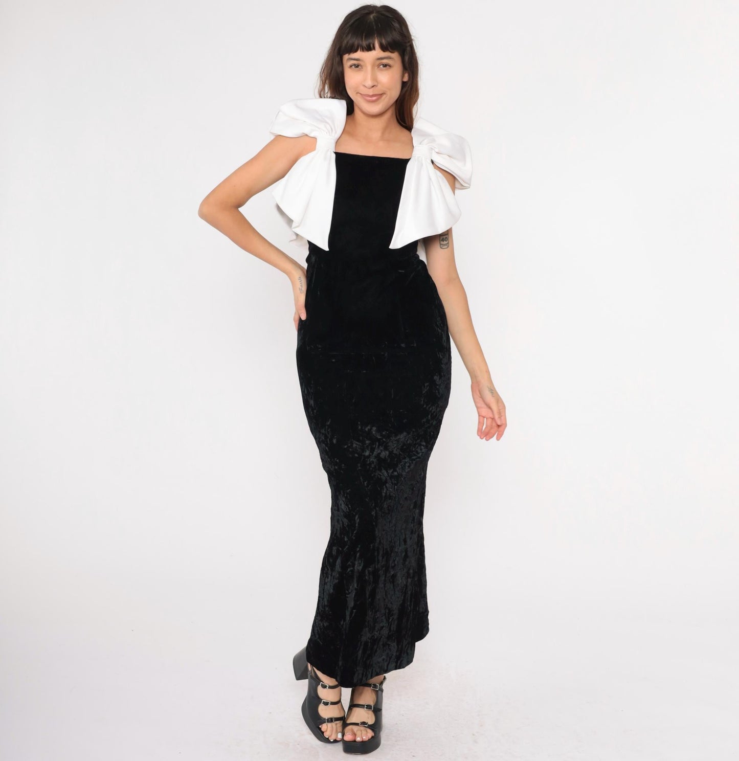 80s Black Velvet Maxi Dress White Bow Sleeveless Sheath Extra Small