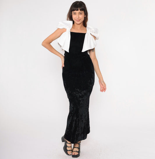 80s Black Velvet Maxi Dress White Bow Sleeveless Sheath Extra Small