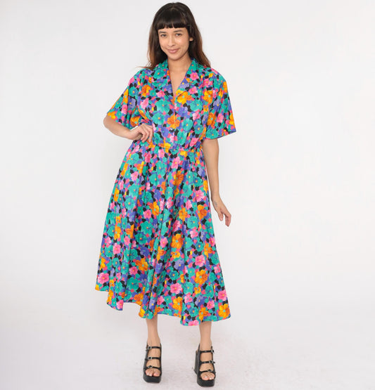 80s Floral Midi Shirtdress High Waist Button Front Turquoise Pink Blue Medium