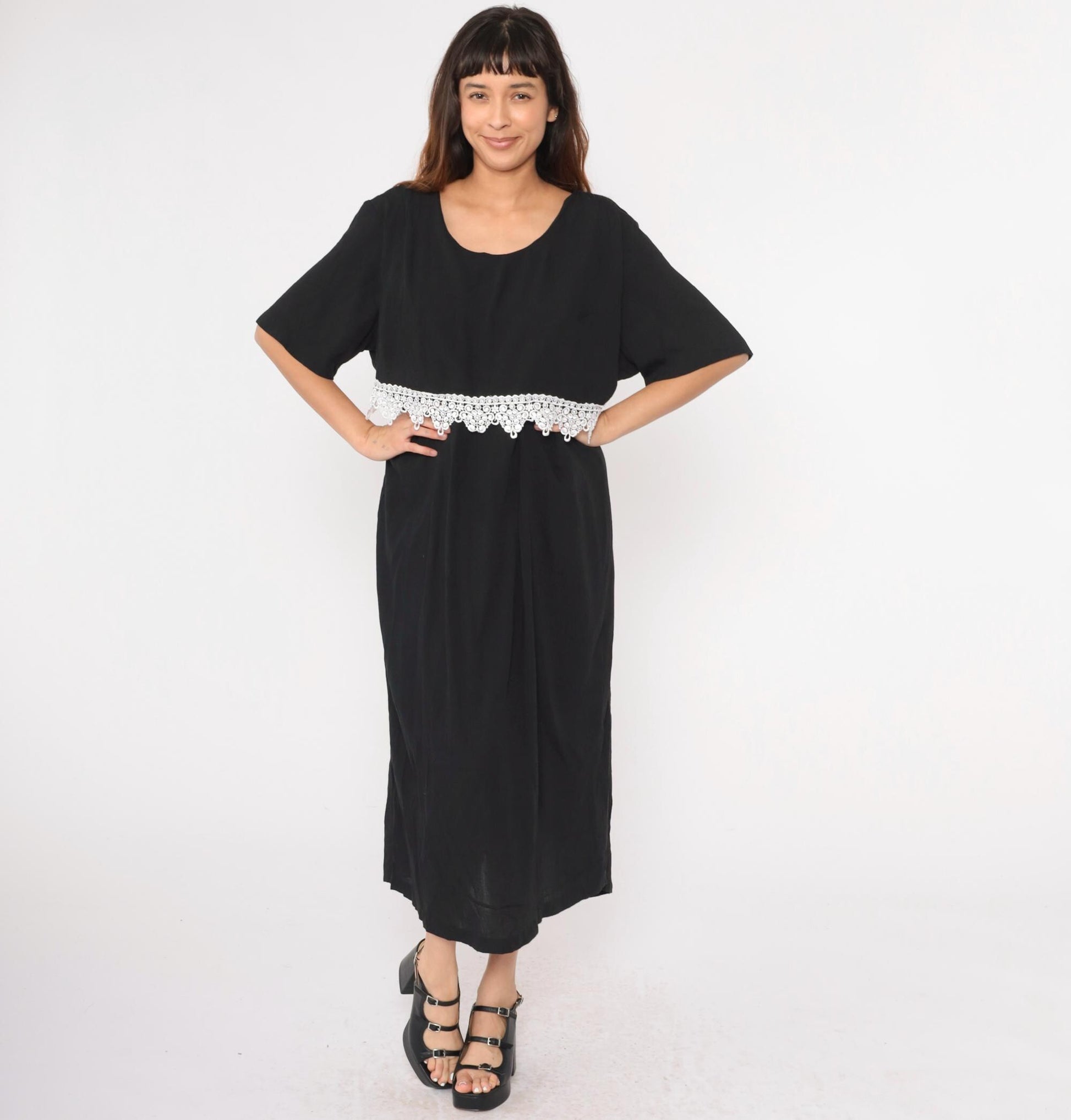 90s Black Maxi Dress White Lace Trim Short Sleeve Scoop Neck Plus Size 20W