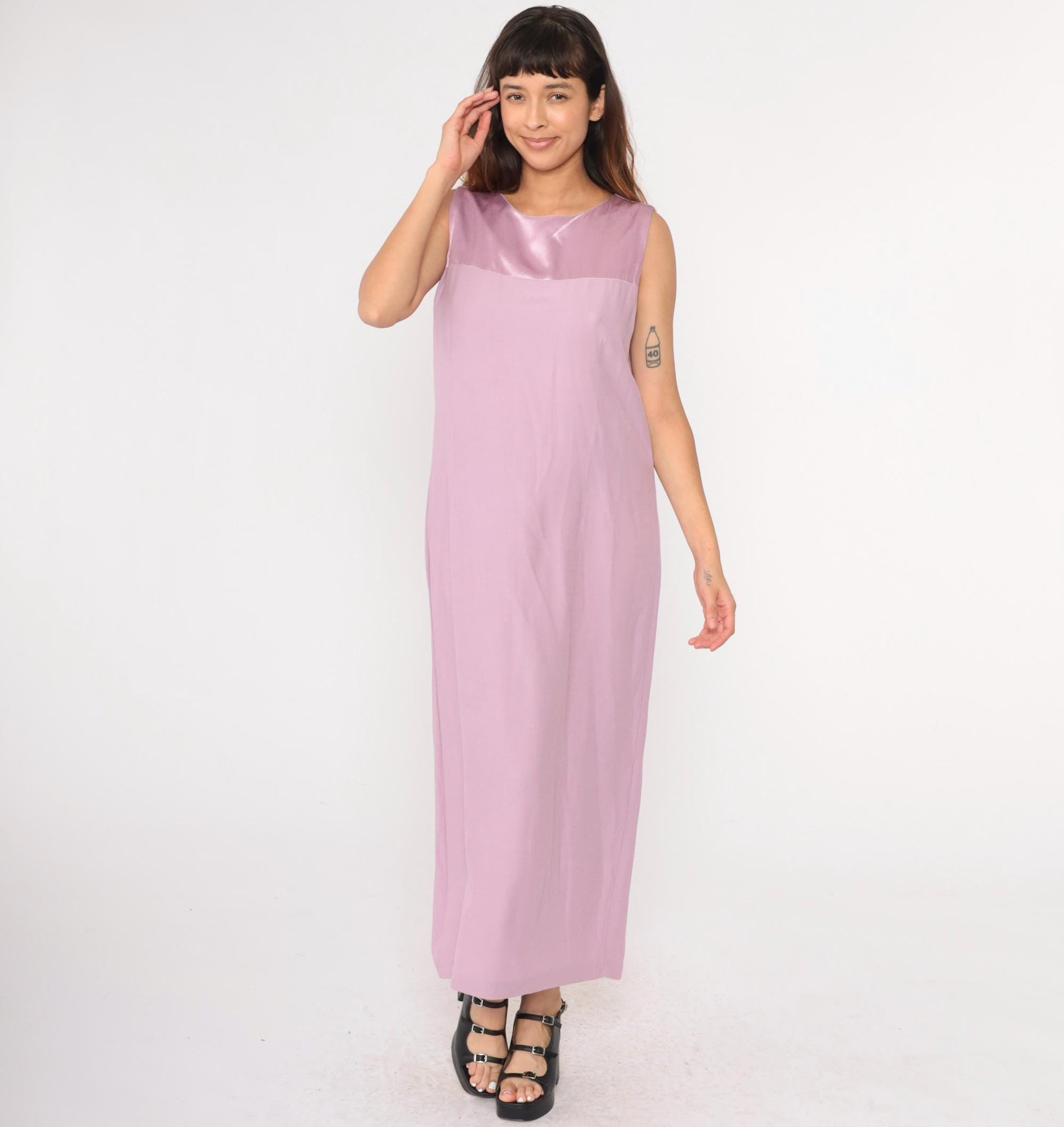 90s Lavender Satin Yoke Maxi Shift Dress Sleeveless Large L