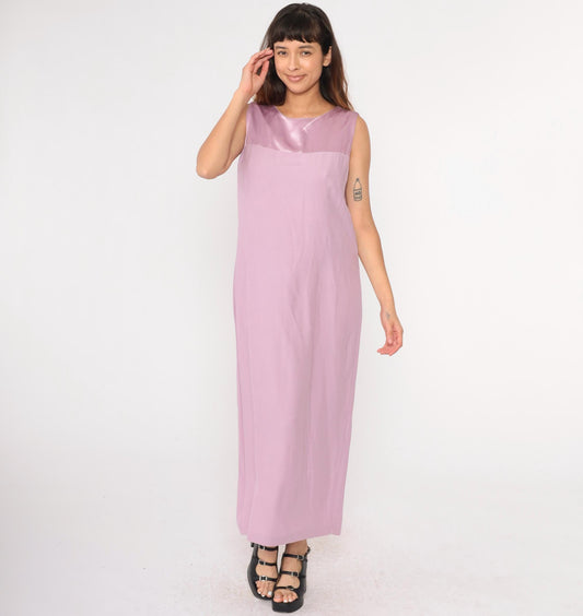 90s Lavender Satin Yoke Maxi Shift Dress Sleeveless Large L
