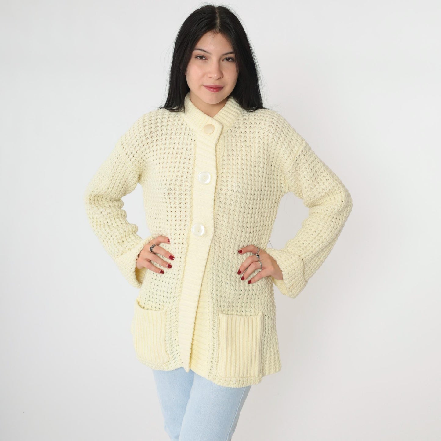 70s Cream Yellow Waffle Knit Cardigan Button-Up Ribbed Collar Pockets Medium Large