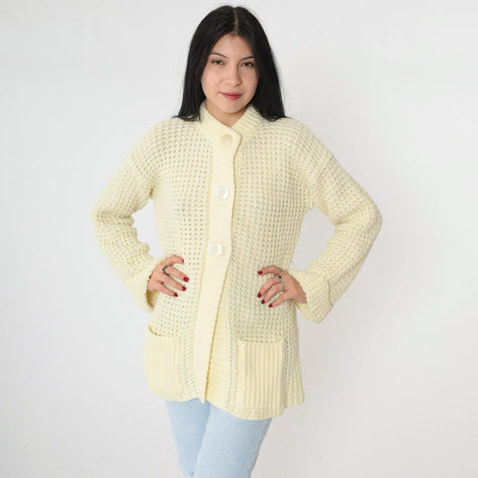 70s Cream Yellow Waffle Knit Cardigan Button-Up Ribbed Collar Pockets Medium Large