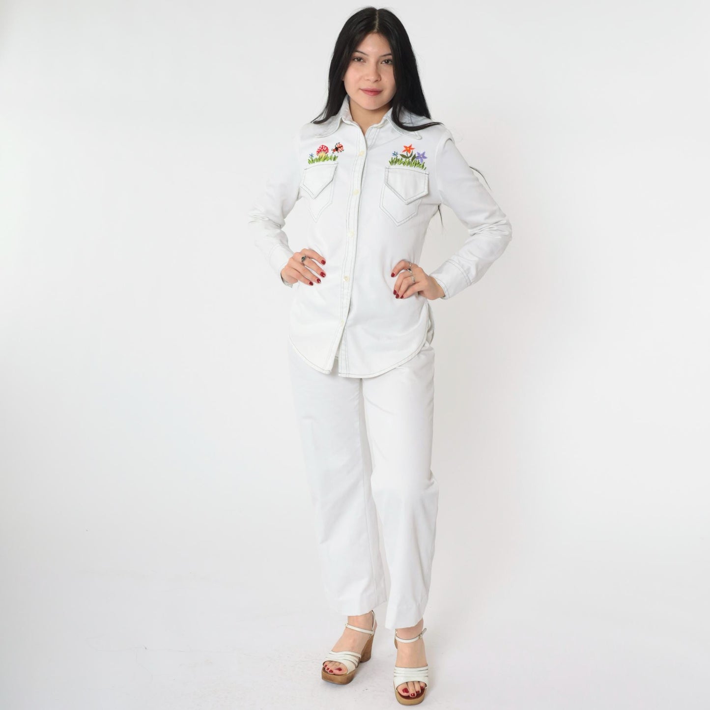 70s Andi Luv Embroidered Mushroom Two Piece Set White Cotton Blouse Pants Small