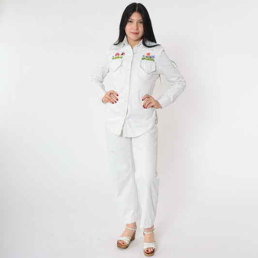 70s Andi Luv Embroidered Mushroom Two Piece Set White Cotton Blouse Pants Small
