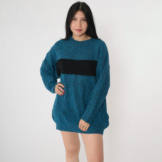 80s Wool Color Block Sweater Blue Black Striped Crewneck Pullover Men's Medium M