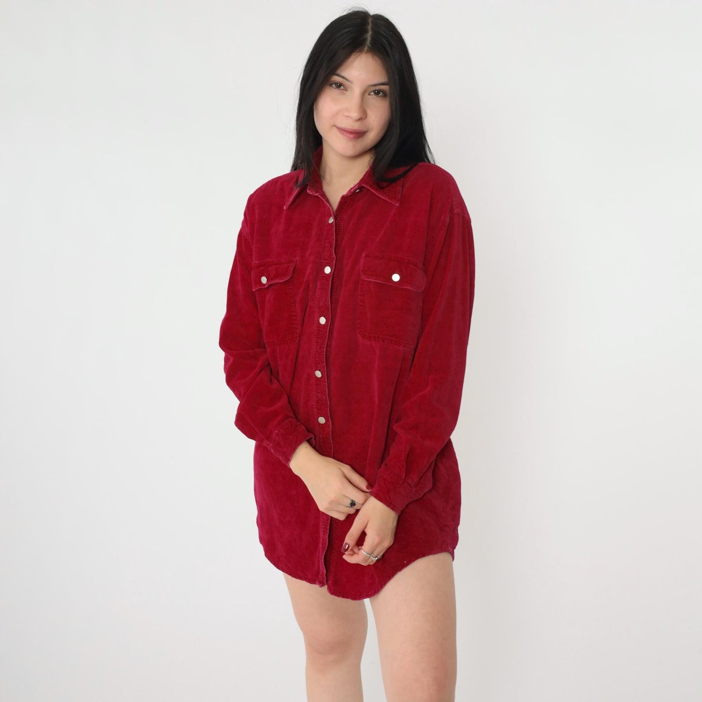 90s Red Cotton Oxford Button-Up Blouse Long Sleeve Chest Pocket Small