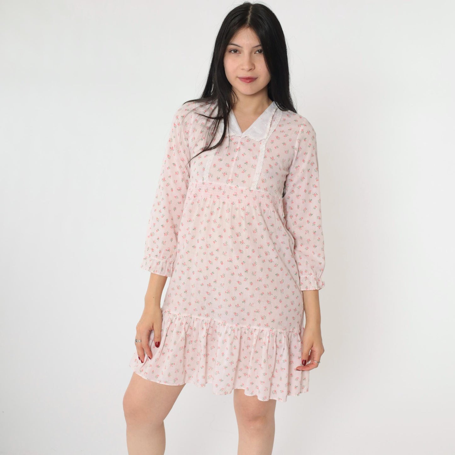 70s Floral Babydoll Dress Baby Pink Empire Waist Mini 3/4 Sleeve Extra Small