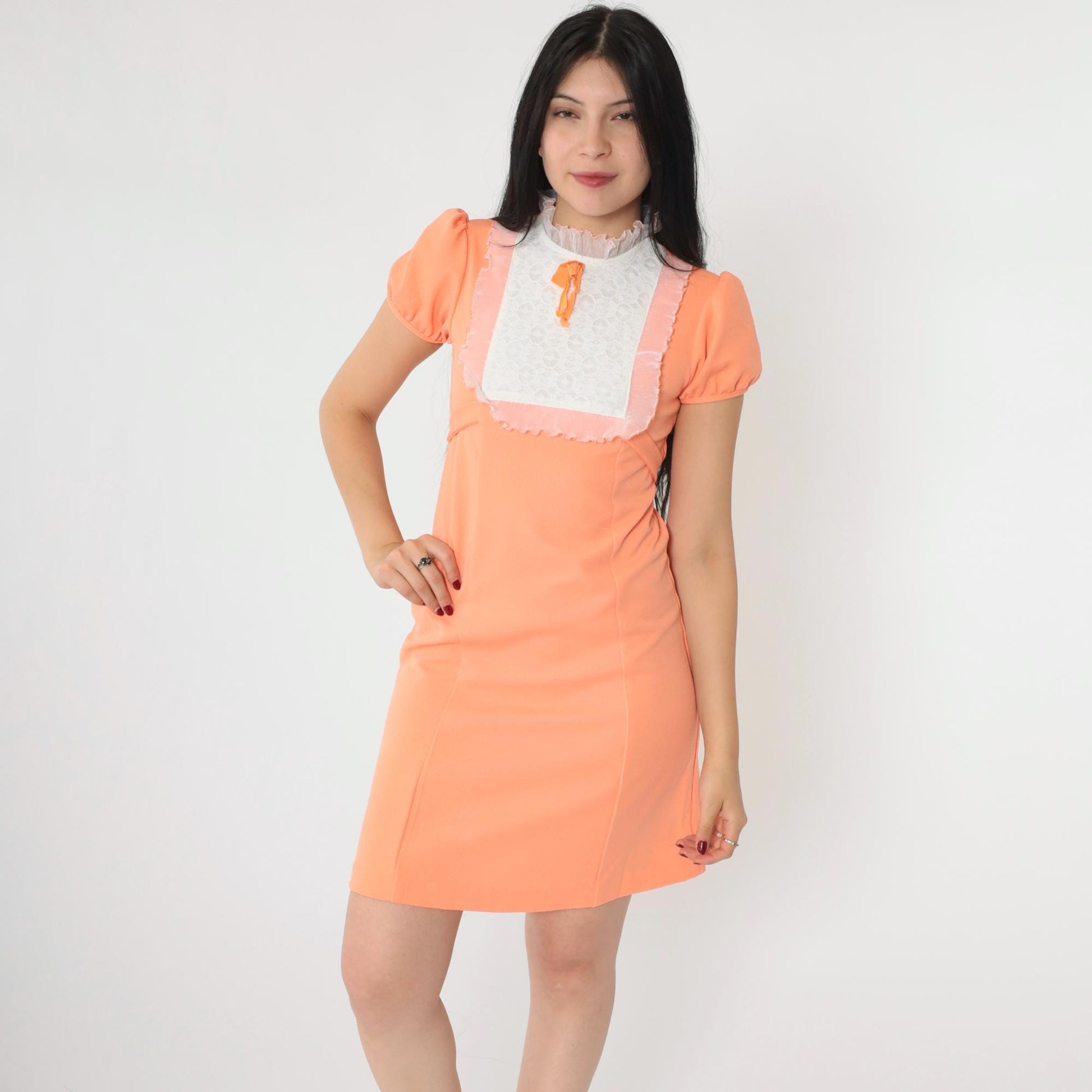 70s Orange Babydoll Mini Dress White Lace Bib Empire Waist Puff Sleeve XXS