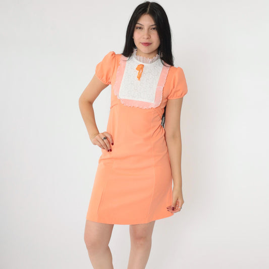 70s Orange Babydoll Mini Dress White Lace Bib Empire Waist Puff Sleeve XXS