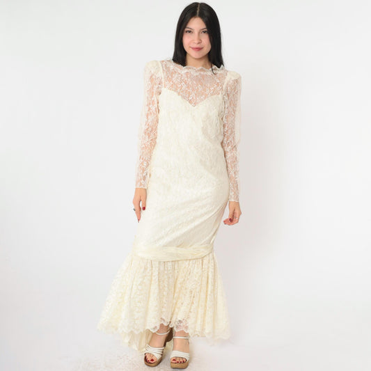 80s Off-White Lace Wedding Dress Maxi Gown Puff Sleeve Sweetheart Neckline Small S