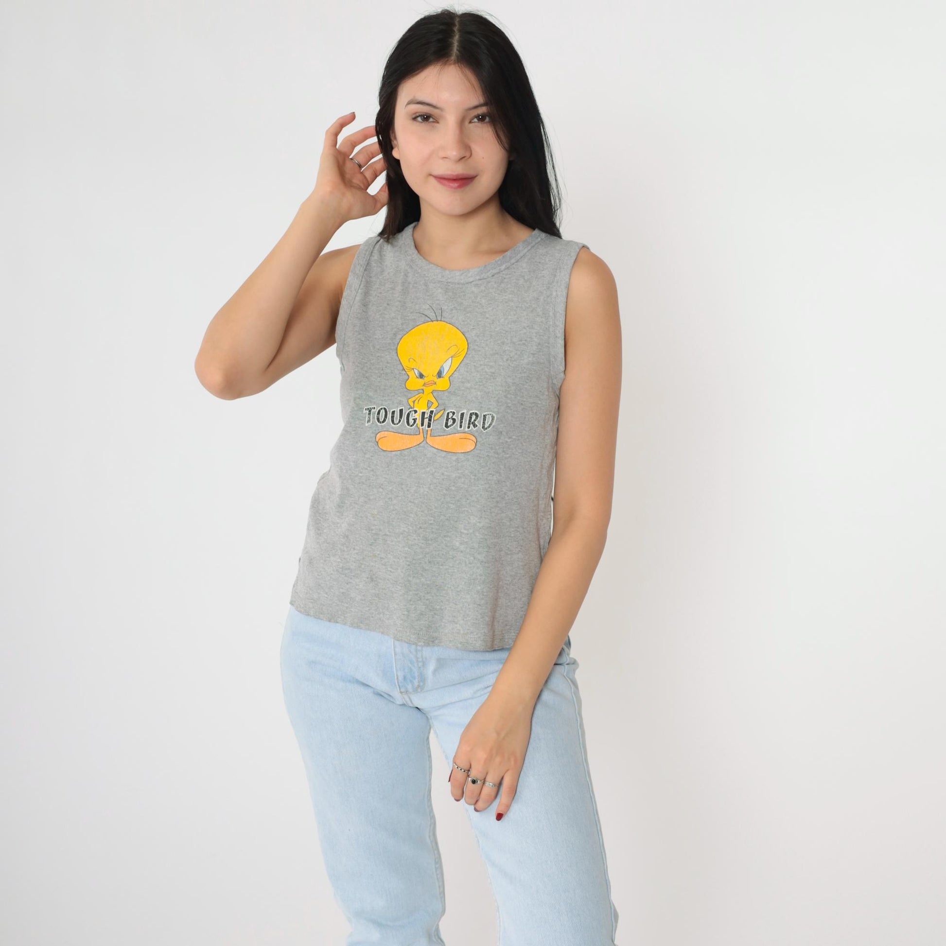 90s Tweety Bird Tough Bird Tank Top Warner Bros Grey Graphic Small