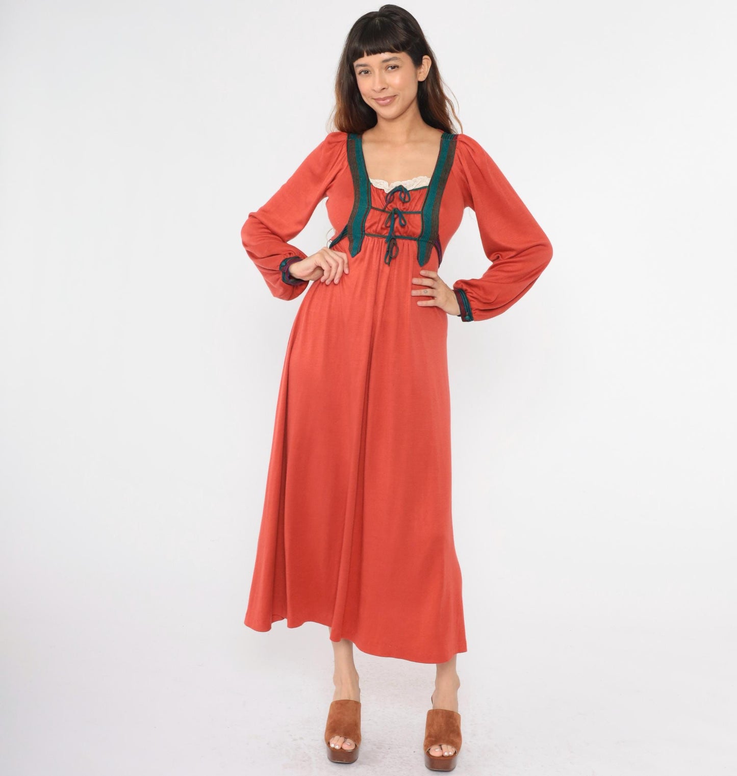 70s Rust Orange Prairie Maxi Dress Puff Sleeve Empire Waist Small Medium