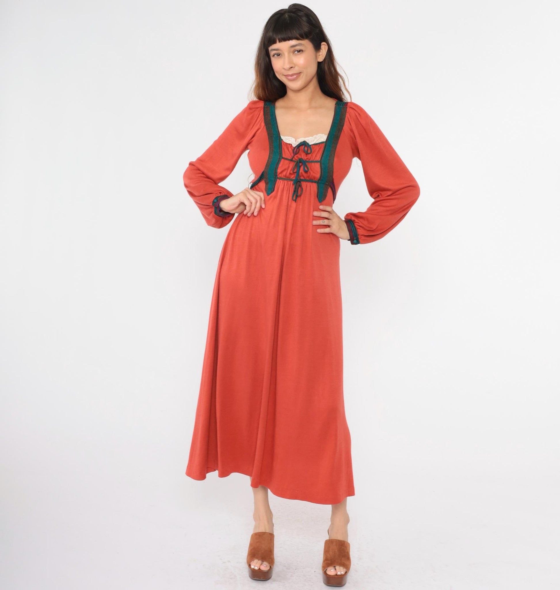 70s Rust Orange Prairie Maxi Dress Puff Sleeve Empire Waist Small Medium