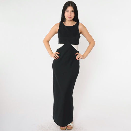 90s All That Jazz Black Maxi Dress White Trim Sleeveless Slit Medium