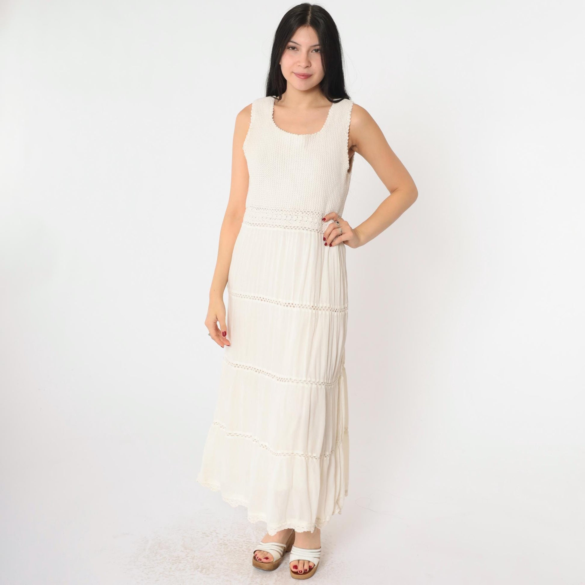 Y2K Cream Crochet Gauze Maxi Dress Sleeveless High Waist Small
