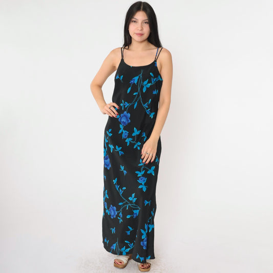 90s Jodi Michaels Floral Maxi Dress Black Spaghetti Strap Criss-Cross Medium