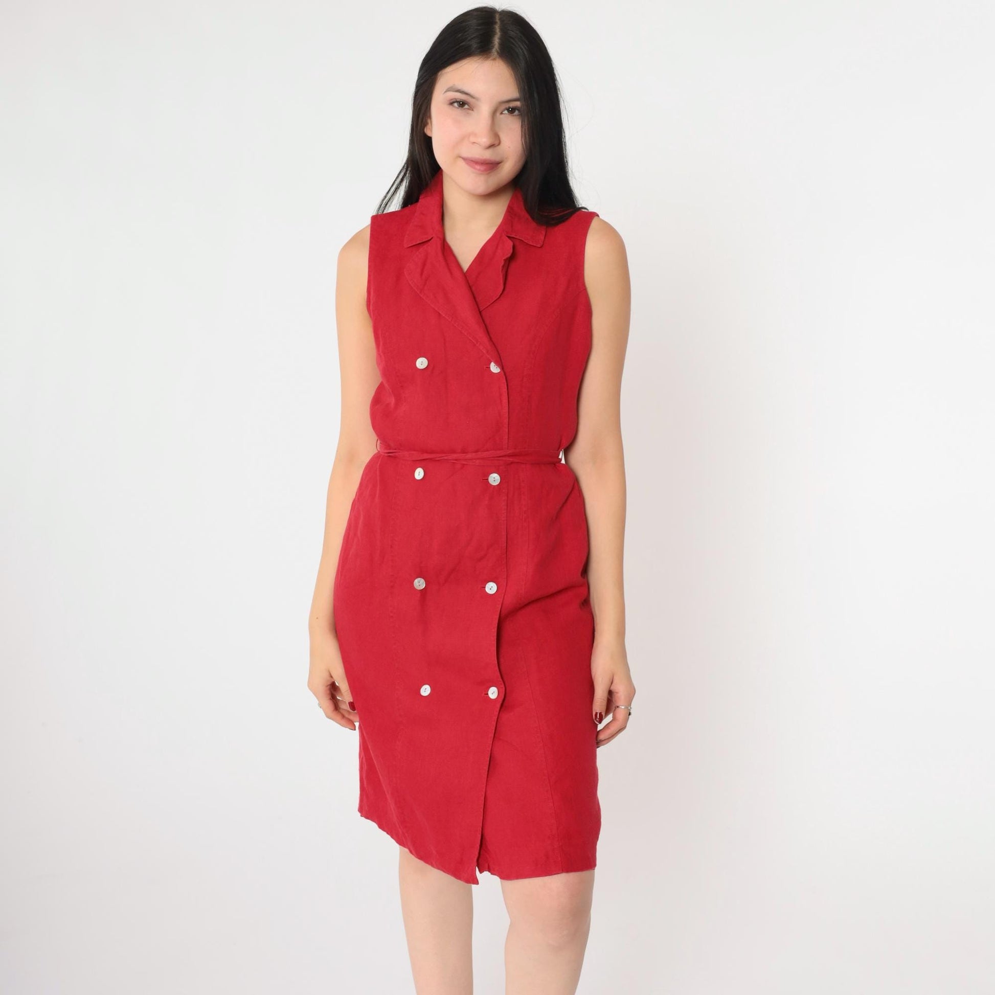 90s Talbots Red Linen Sleeveless Shift Dress Double Breasted Small