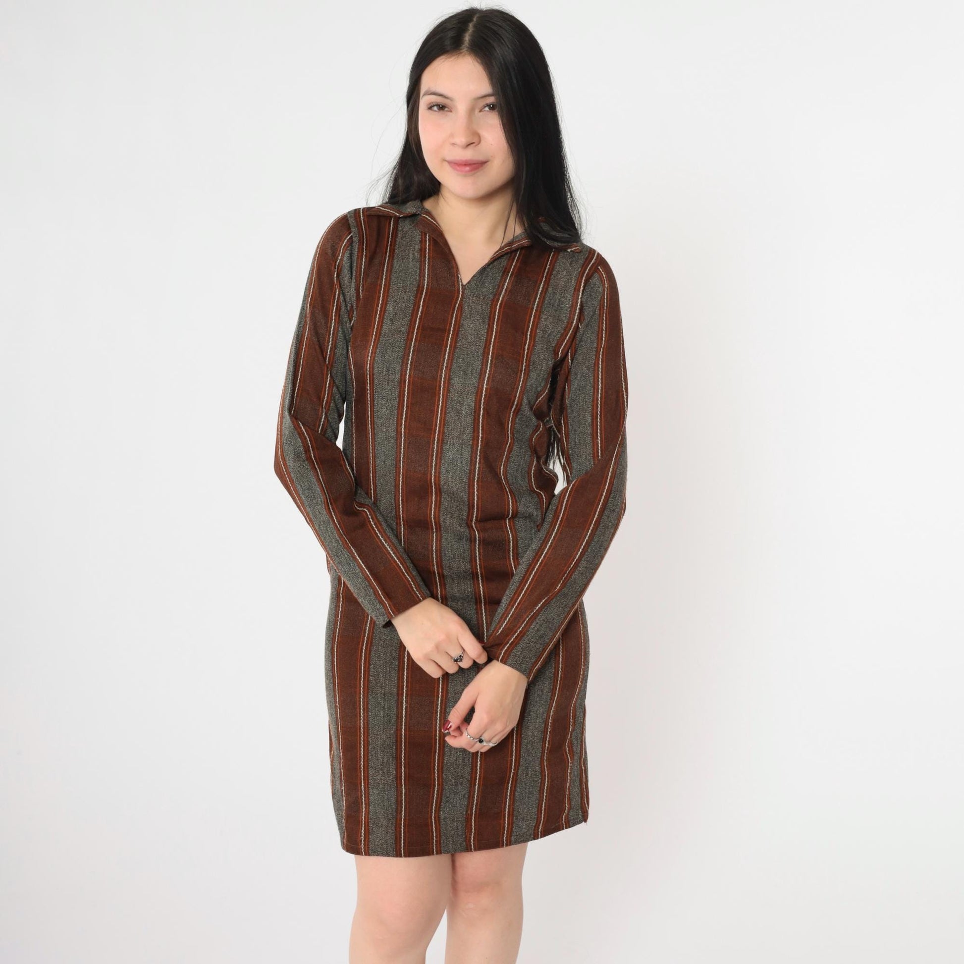 70s Striped Shift Dress Mini V-Neck Long Sleeve Grey Brown Orange Extra Small