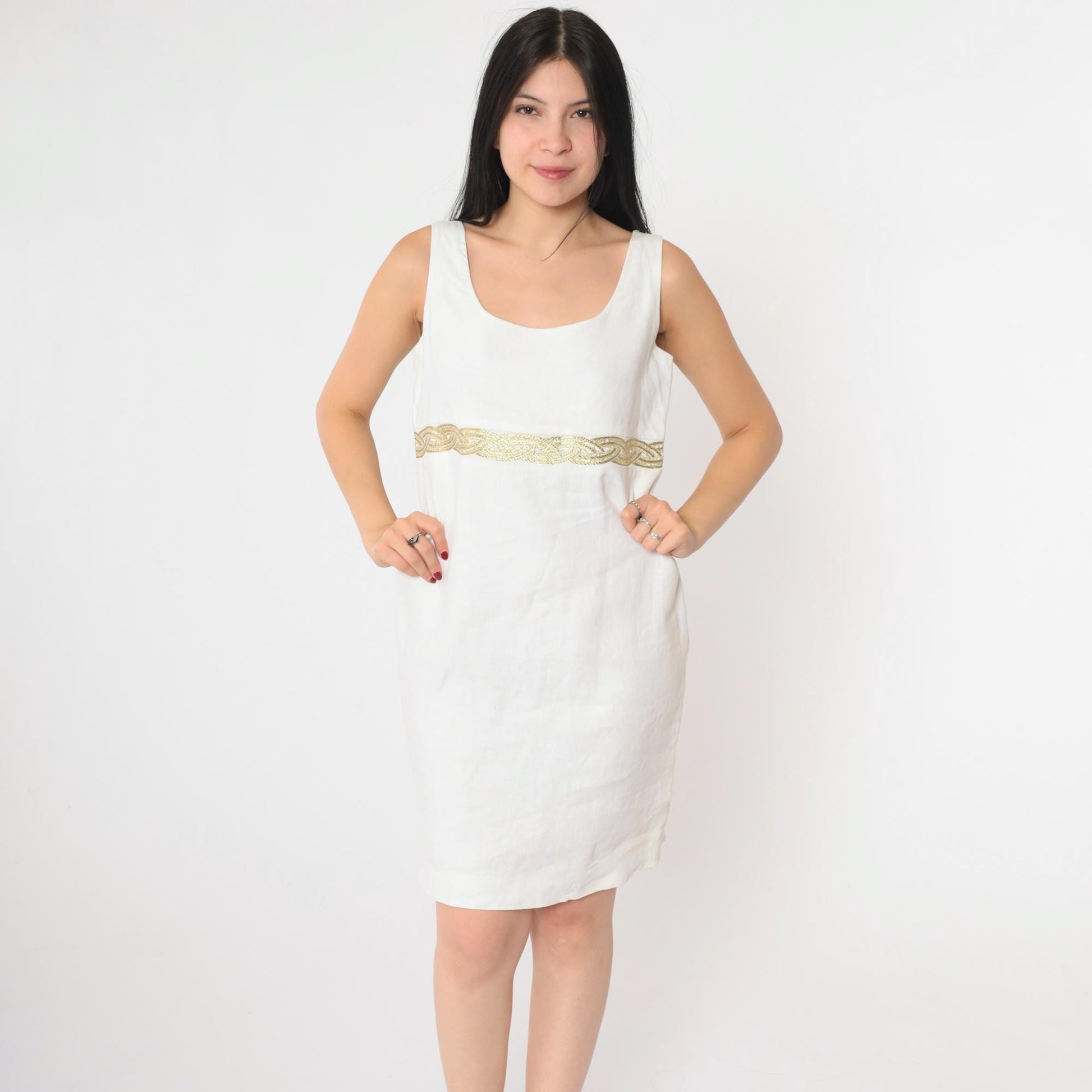 90s White Linen Mini Dress Gold Braided Trim Sleeveless Shift Small 4