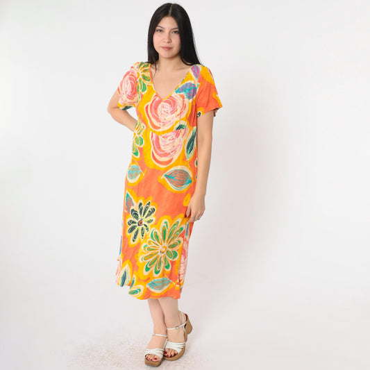 00s Jams World Tropical Floral Midi Dress Abstract Print Silk Orange Large L