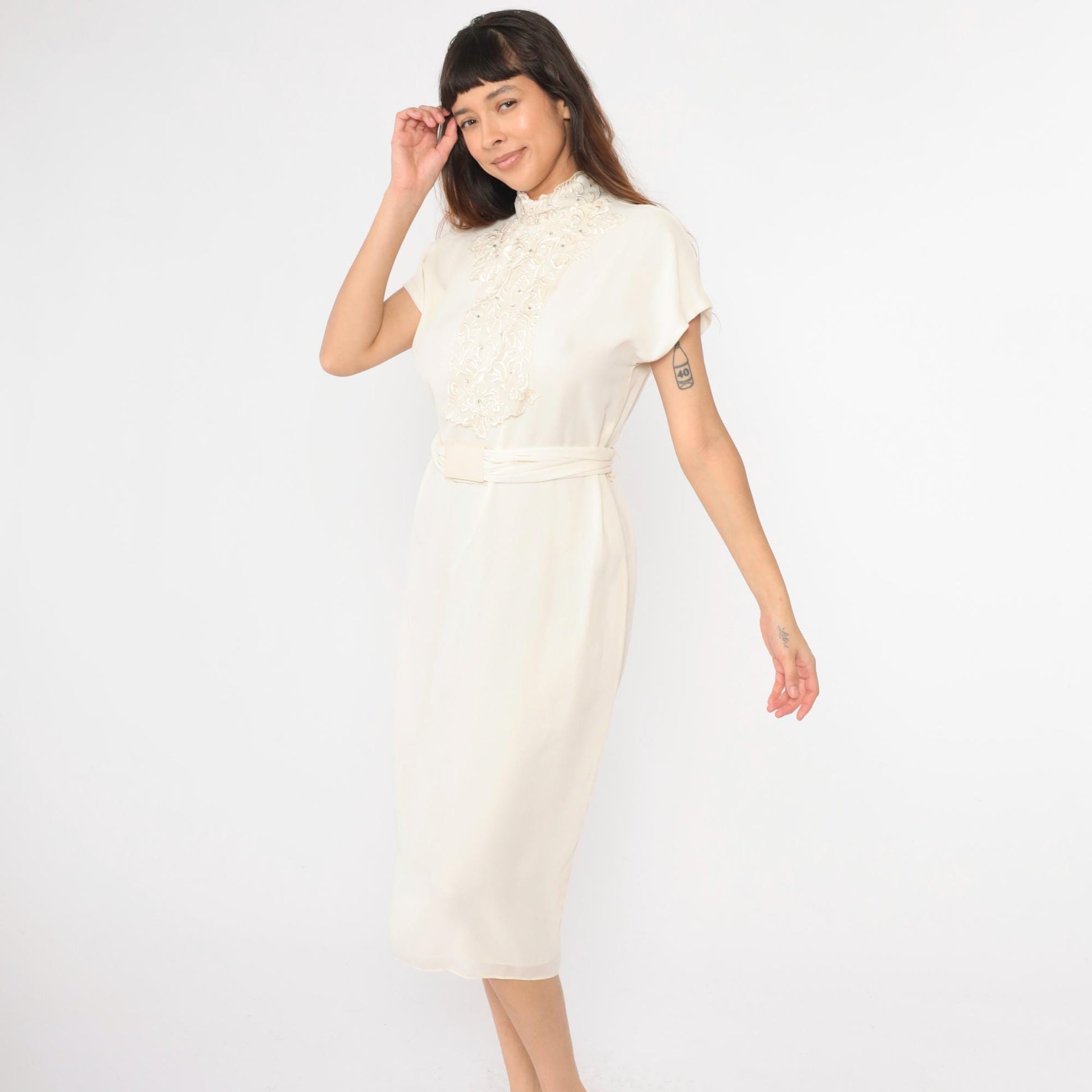 80s Patra Cream Floral Embroidered Beaded Midi Dress Dolman Sleeve Small