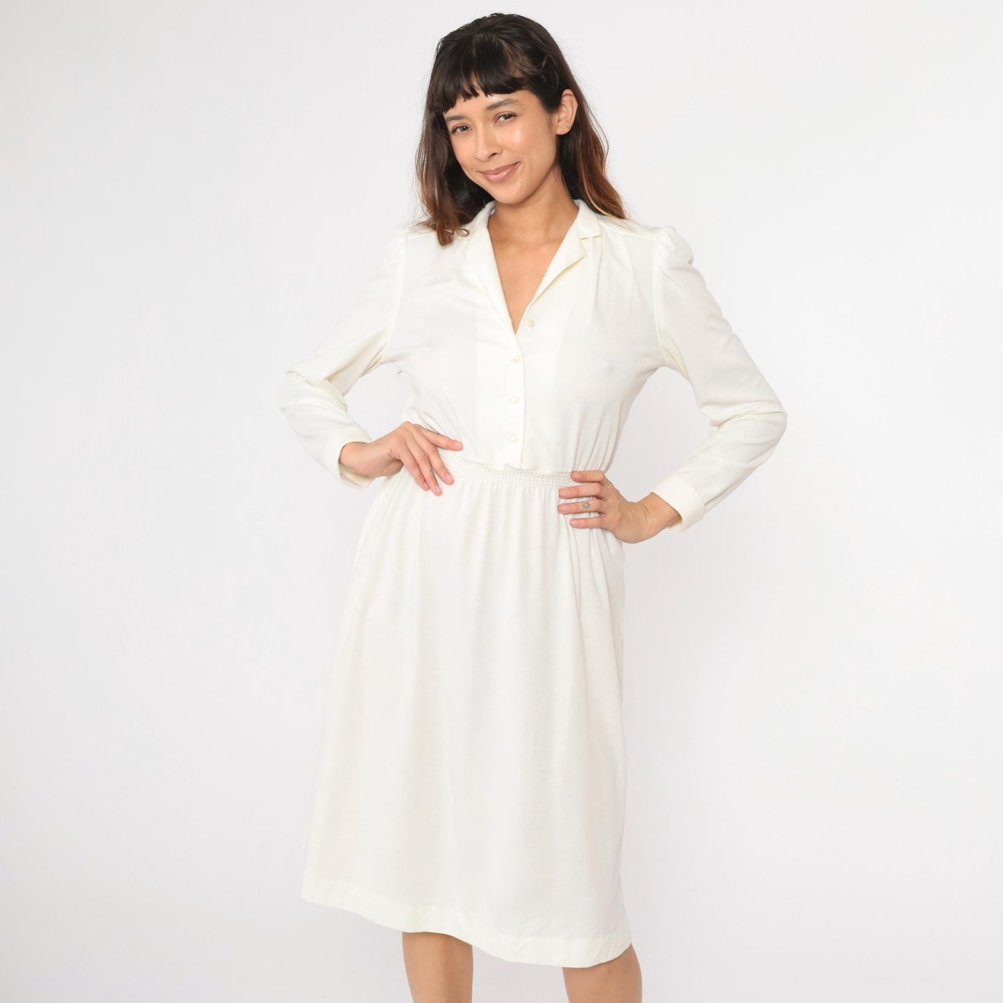 80s Off-White Puff Sleeve Shirtdress Midi High Waist Button Front Small
