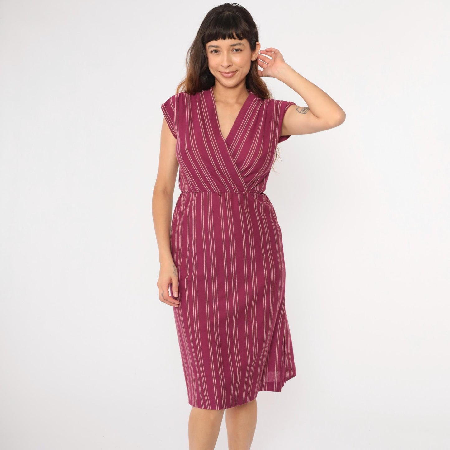 70s Purple Striped Wrap Midi Dress V Neck Cap Sleeve Small