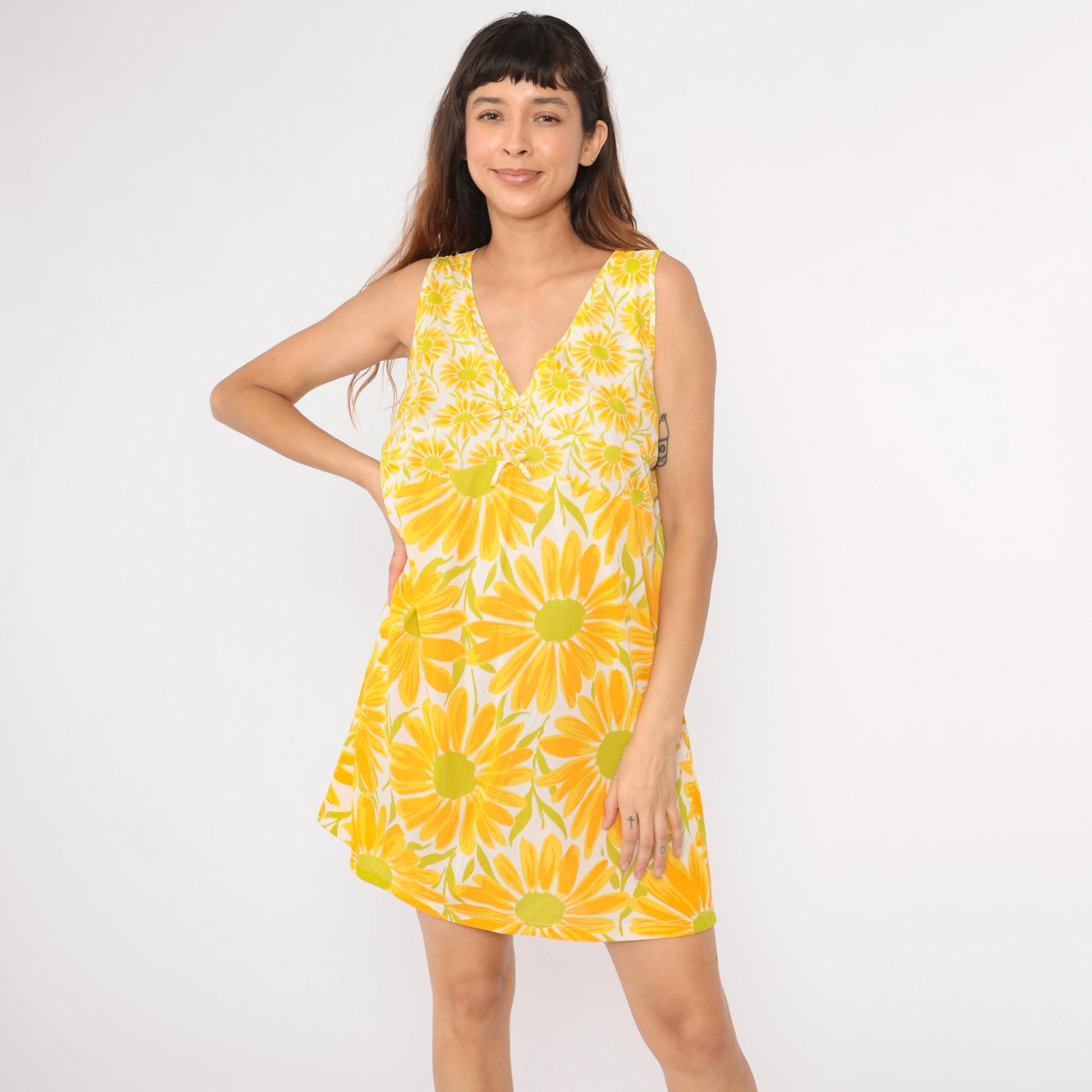 70s Yellow Floral White Slip Dress Nightgown Empire Waist Mini Large