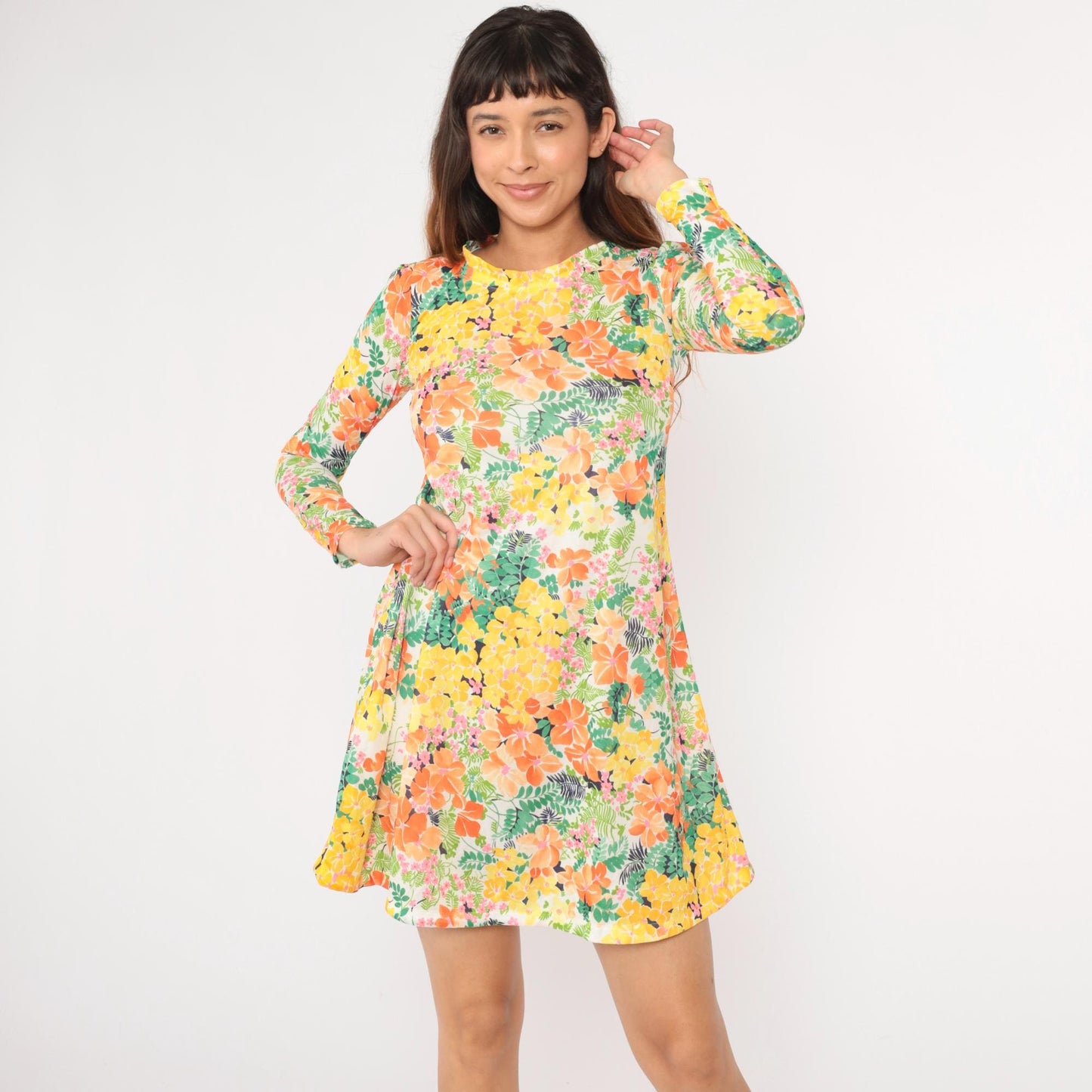 70s Floral Mini Dress Shift Cut Long Sleeve A-Line Yellow Green Orange Small