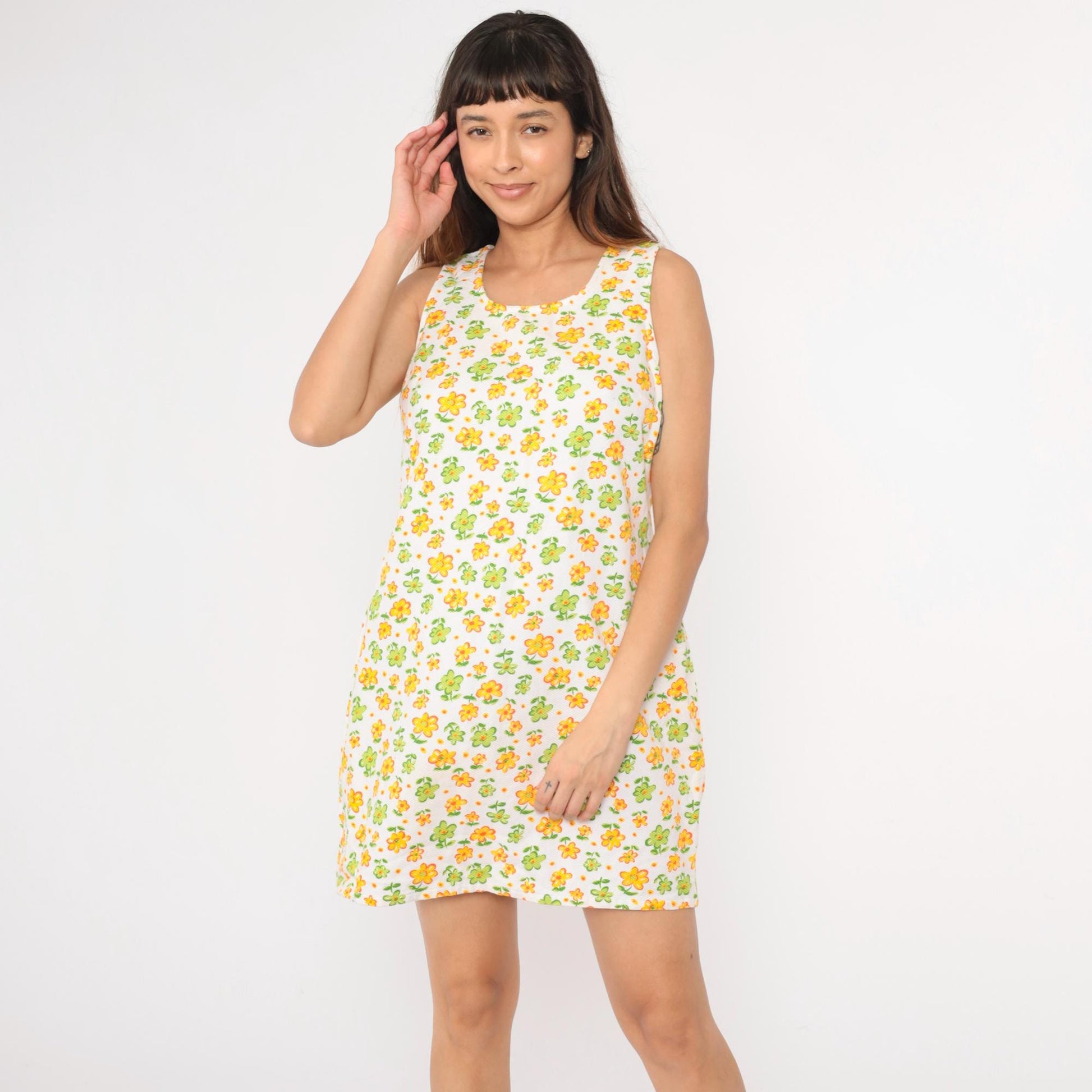 90s Floral Mini Dress White Yellow Green Shift Sleeveless Medium