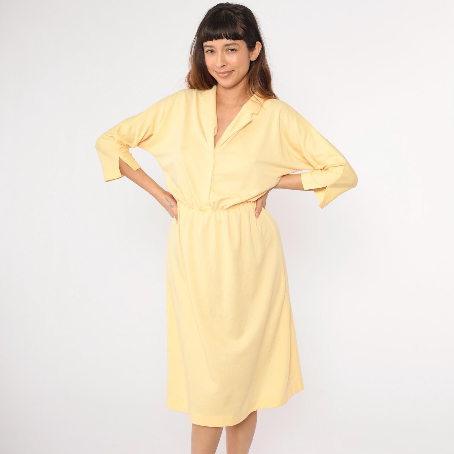 80s Yellow Midi Dress V Neck High Waist 3/4 Sleeve Small Medium