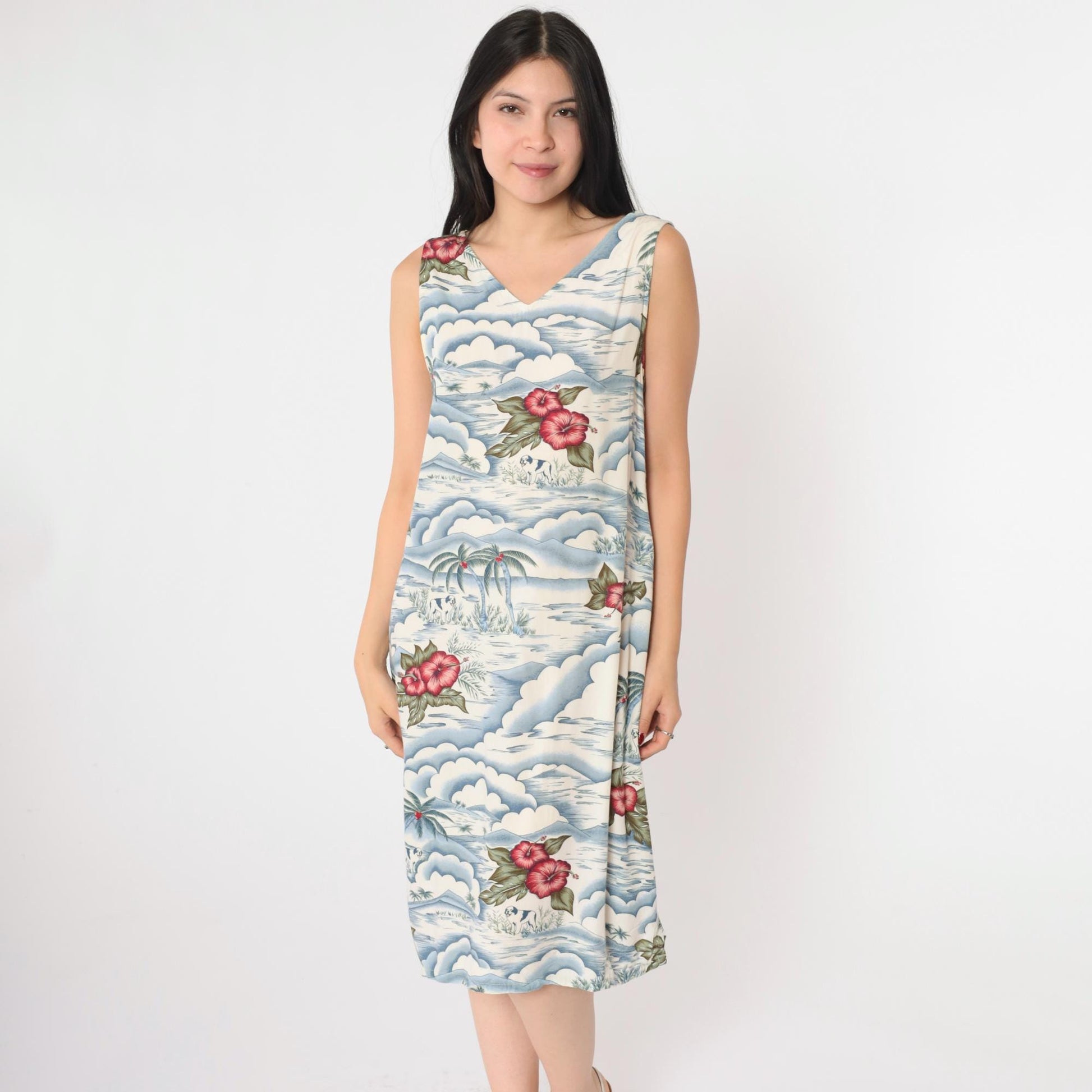 Big Dogs Tropical Floral Rayon Midi Dress V Neck Sleeveless Blue White Large