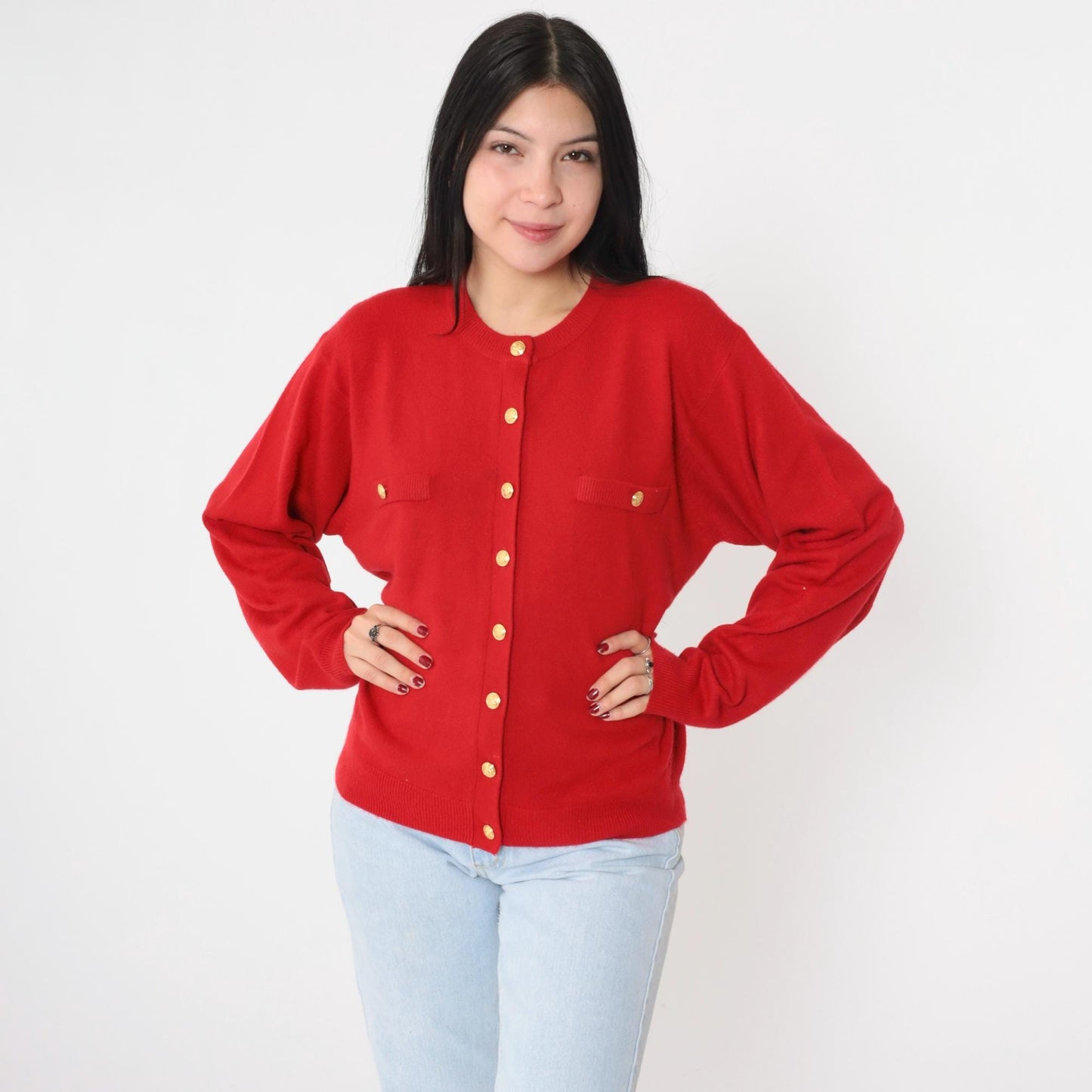 90s Red Cardigan Gold Buttons Acrylic Knit Sweater Large
