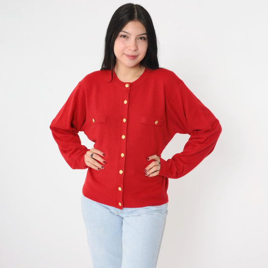 90s Red Cardigan Gold Buttons Acrylic Knit Sweater Large