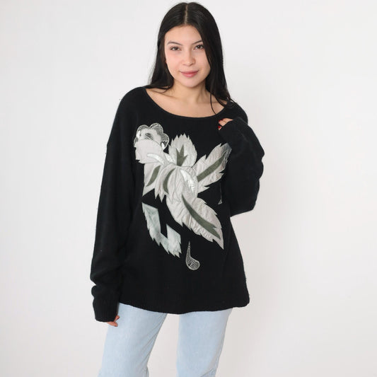 80s Karominz II Silk Angora Sweater Metallic Leaf Print Black Medium