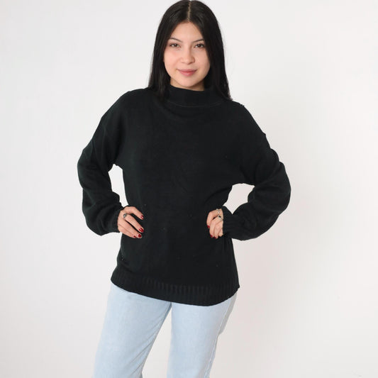 80s Black Knit Mock Neck Pullover Sweater Medium