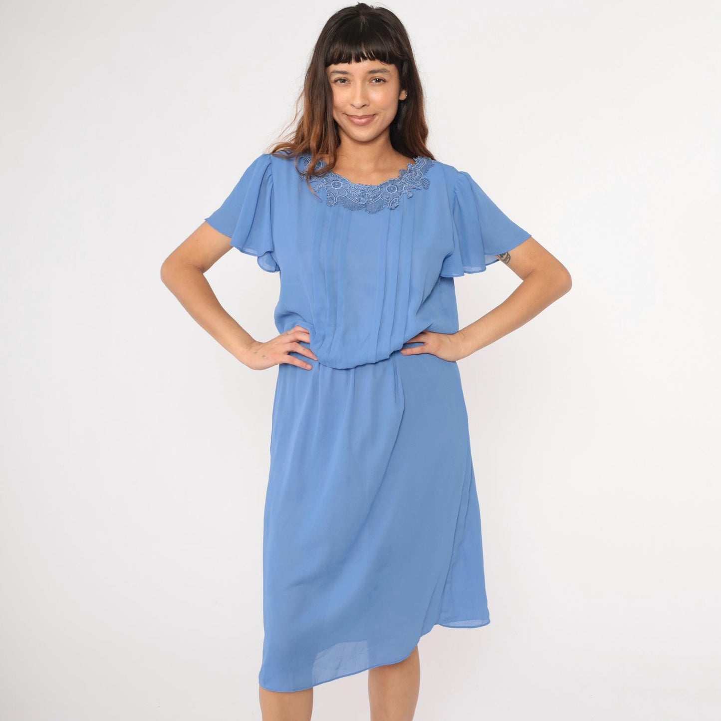 80s Blue Midi Dress Lace Collar Flutter Sleeve High Waist Pleated Medium