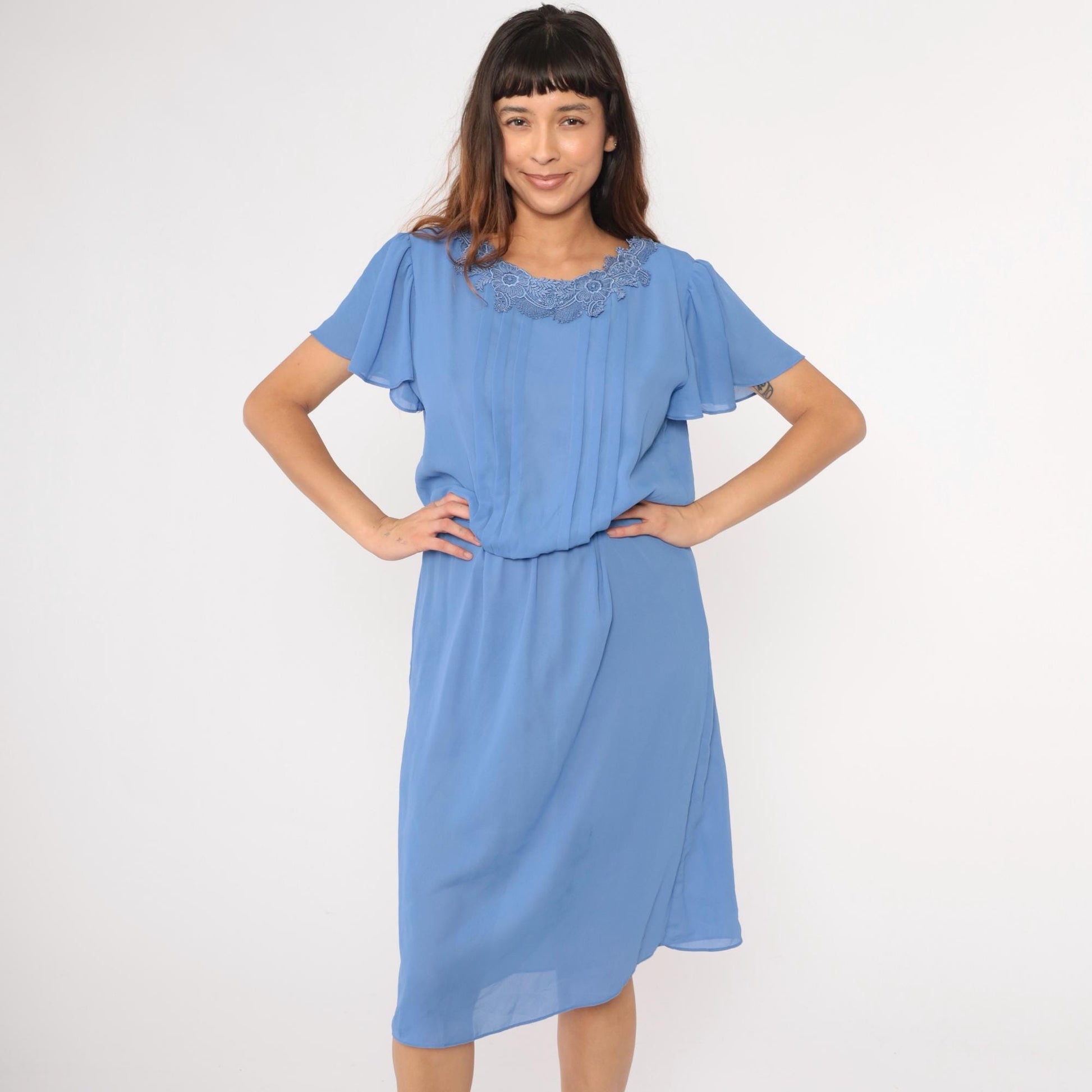80s Blue Midi Dress Lace Collar Flutter Sleeve High Waist Pleated Medium