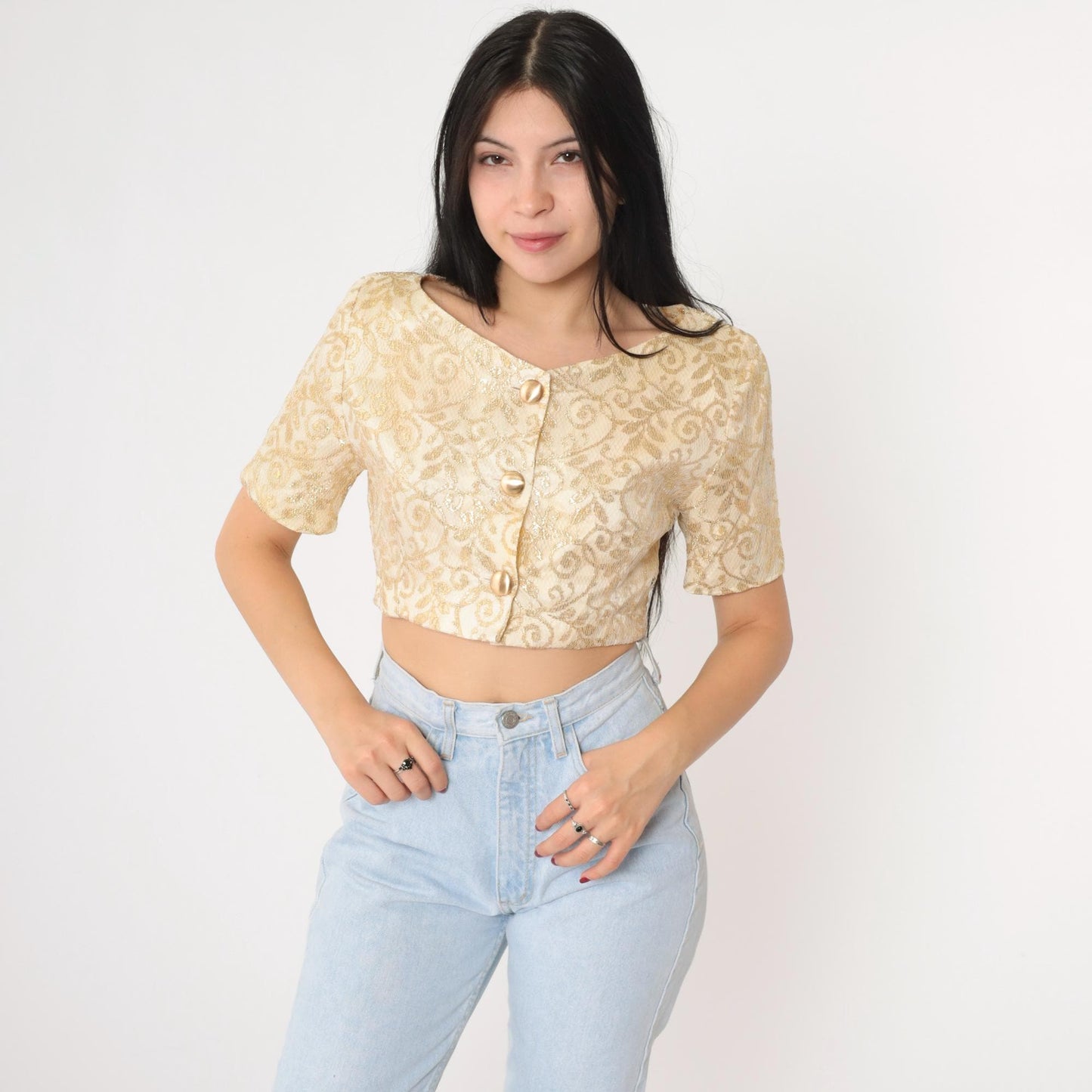 90s Cream Gold Metallic Lace Crop Top Button Up Blouse Small