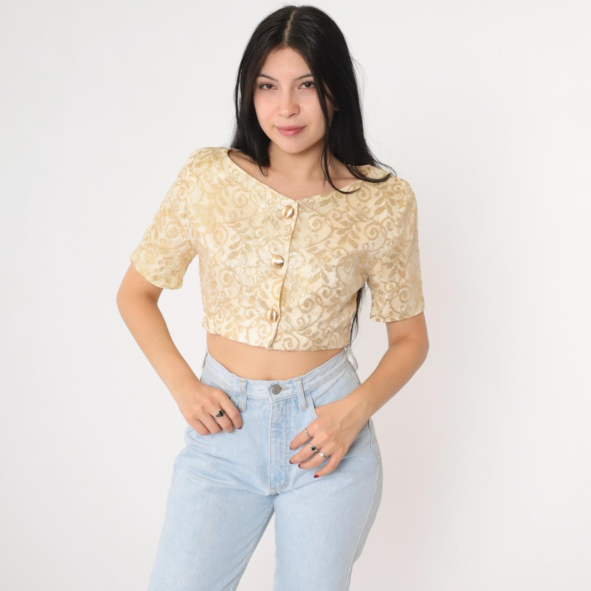 90s Cream Gold Metallic Lace Crop Top Button Up Blouse Small