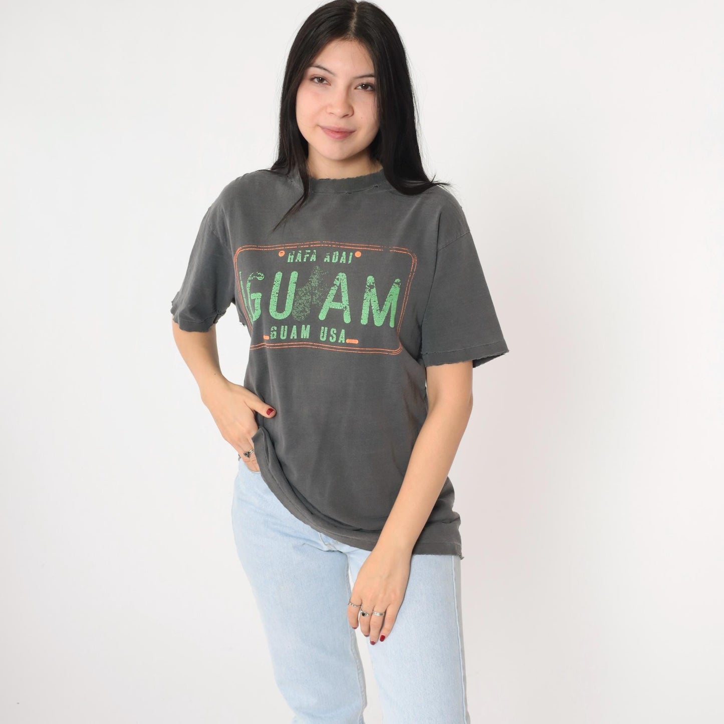 90s Guam Hafa Adai Graphic T-Shirt Distressed Charcoal Grey Medium