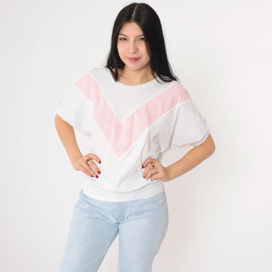 80s Land'n Sea Chevron Striped Dolman Sleeve Tee Pink White Small Medium