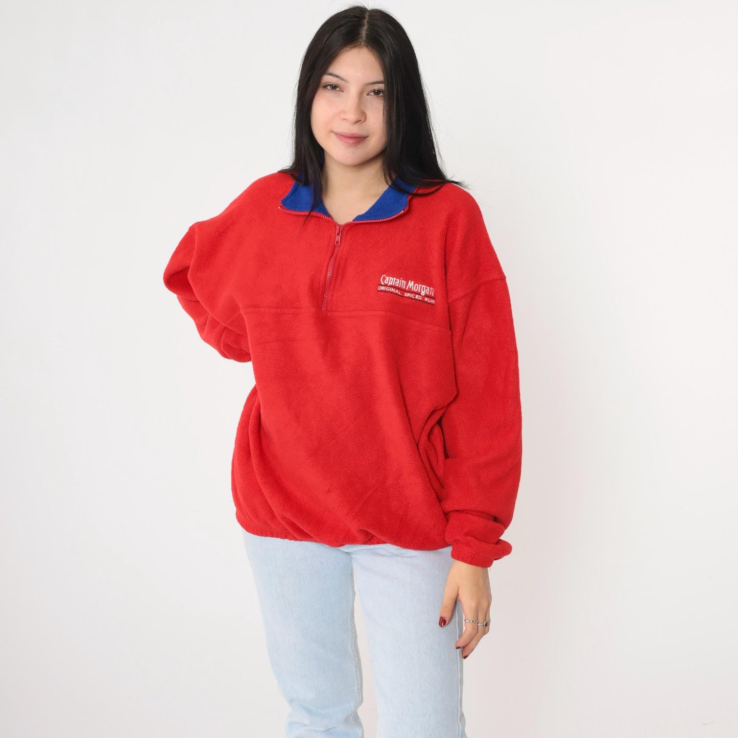 90s Captain Morgan Spiced Rum Quarter Zip Fleece Sweatshirt Red Extra Large XXL