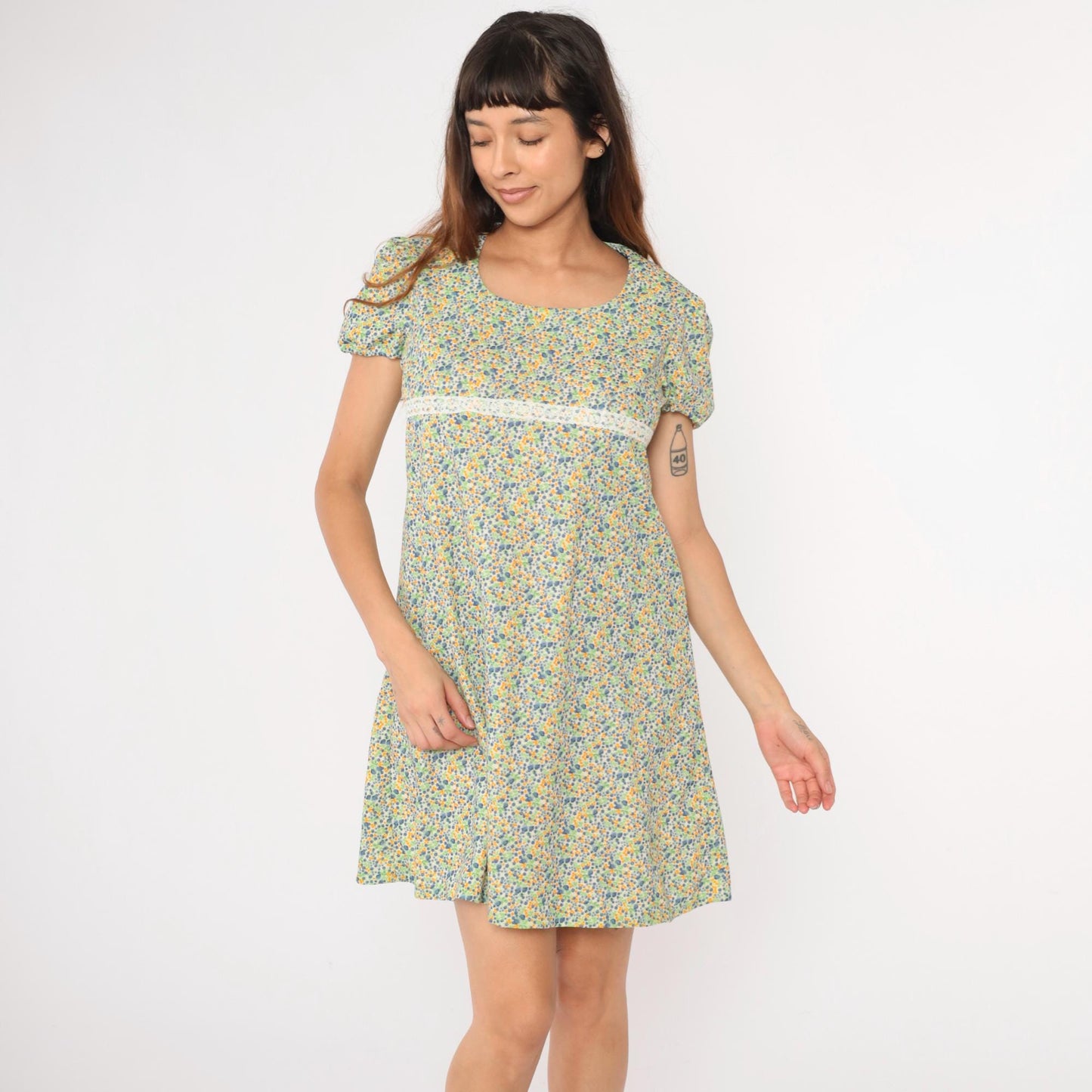 60s Floral Babydoll Dress Puff Sleeve Empire Waist Mini Green Blue Medium