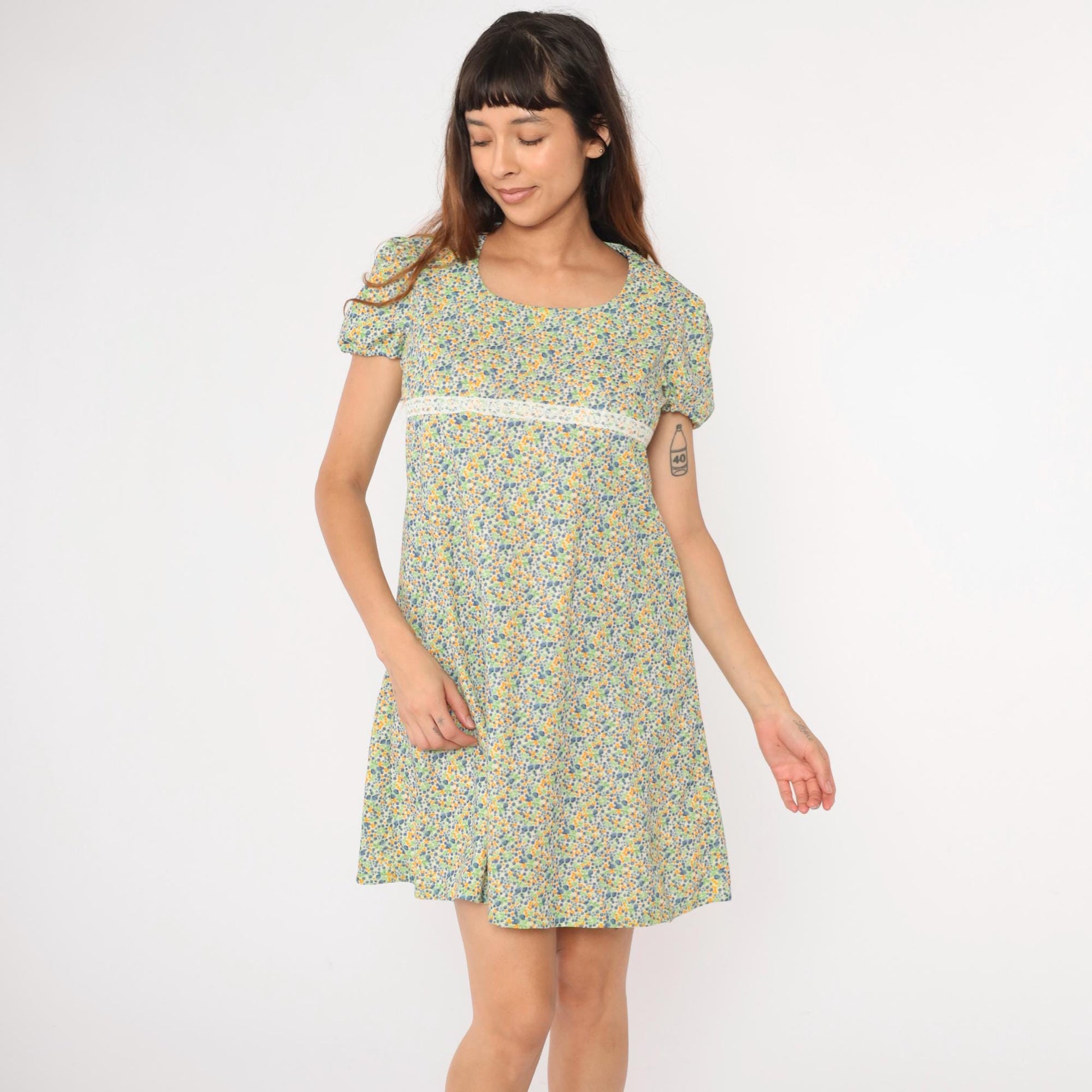 60s Floral Babydoll Dress Puff Sleeve Empire Waist Mini Green Blue Medium
