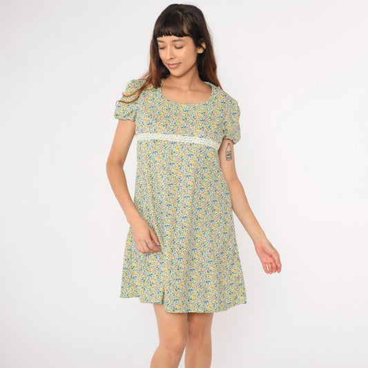 60s Floral Babydoll Dress Puff Sleeve Empire Waist Mini Green Blue Medium