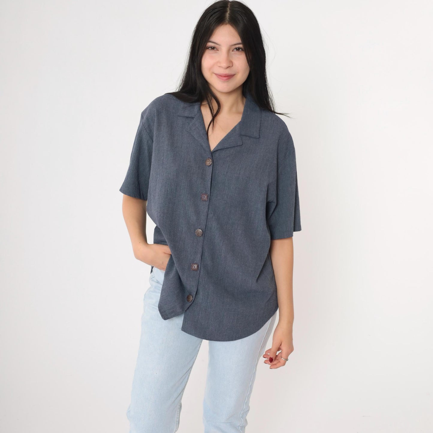90s Teddi Blueish Grey Button-Up Blouse Short Sleeve Medium